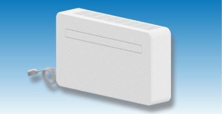 White wall-mounted heat pump unit on a blue gradient background.